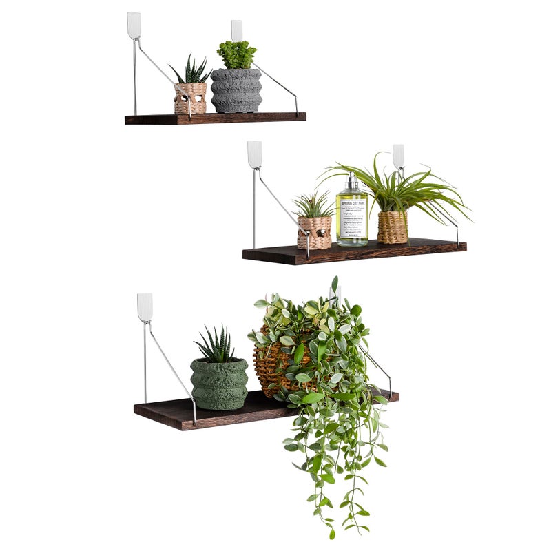 MITIME Floating Shelves Set of 3 Rustic Solid Wood Floating Shelf Wall Storage Shelves for Living Room Bedroom Bathroom Kitchen Laundry Officeno Drill ShelfRetro Color LMS