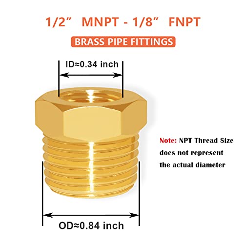 Hooshing 6PCS Brass Reducer Hex Bushing 1/2" NPT Male x 1/8" NPT Female Threaded Pipe Fitting Adapter - Image 2