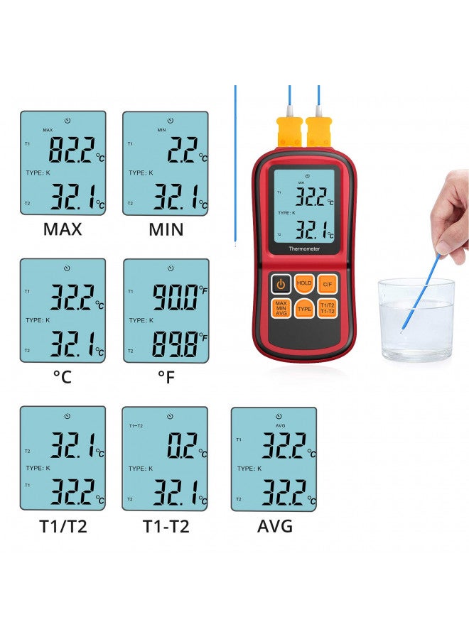 Kamtop Kamtop Digital Thermometer, Dual Channel Thermometer with Two K Type Thermocouple Probes, High Temperature Meter Dual Measurement Meter Sensor Backlight LCD Thermometer for K/J/T/E/R/S/N Type - Image 2