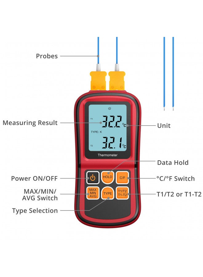 Kamtop Kamtop Digital Thermometer, Dual Channel Thermometer with Two K Type Thermocouple Probes, High Temperature Meter Dual Measurement Meter Sensor Backlight LCD Thermometer for K/J/T/E/R/S/N Type - Image 1