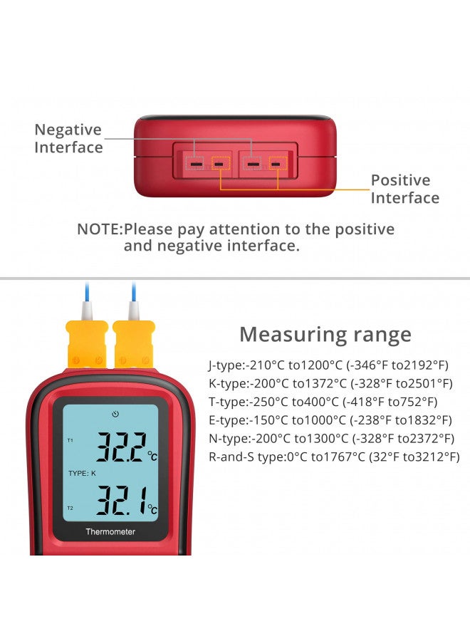 Kamtop Kamtop Digital Thermometer, Dual Channel Thermometer with Two K Type Thermocouple Probes, High Temperature Meter Dual Measurement Meter Sensor Backlight LCD Thermometer for K/J/T/E/R/S/N Type - Image 4