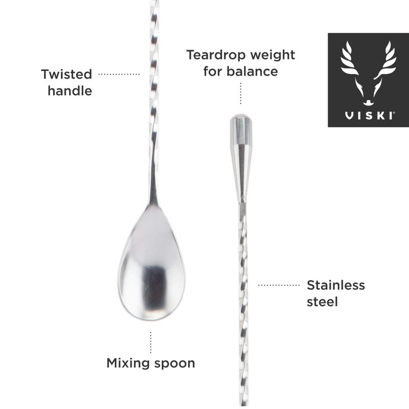 Viski Stainless Steel Weighted Barspoon, Japanese Style Twisted Stem Handle, Teardrop Weight,Silver - Image 2
