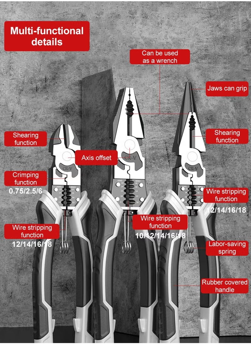 Multi-Function 3Pcs Wire Pliers Set, Premium CR-V Construction, Including 9 Inch Cutting Pliers, 9 Inch Pointed-Nose Pliers and 8 Inch Diagonal Nose Pliers, Professional Hand Tool for Cutting, Crimping Stripping, Gripping and Coiling