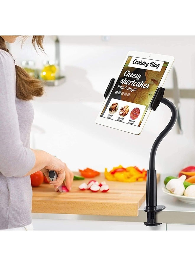 HY Tablet Phone Stand Height & Angle Adjustable Swivel 360 Degree Rotation Gooseneck Flexible Arm Clamp Mount, Metal Holder for 4” to 10.6” Tablets and All Smartphones - Black  - Image 5