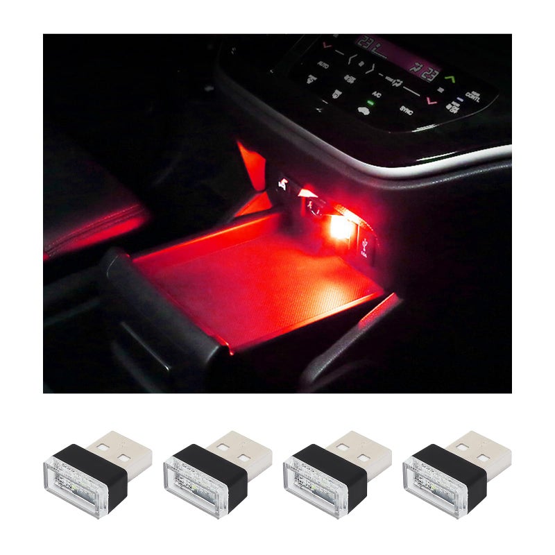 Augeny 4 PCS USB LED Car Interior Atmosphere Lamp Plugin USB Decor Night Light Portable Auto Ambient Lighting Kit Universal Vehicle Interior Accessories for Most Cars Red