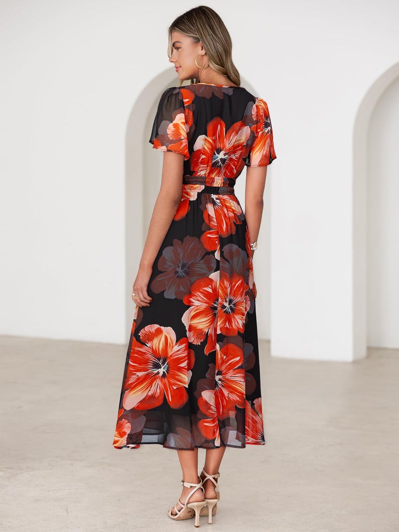Simplee Women Floral Summer Maxi Dress Boho Flowy Casual Chiffon Short Sleeves V Neck Long Wedding Guest Dresses Peony Floral L - Image 4