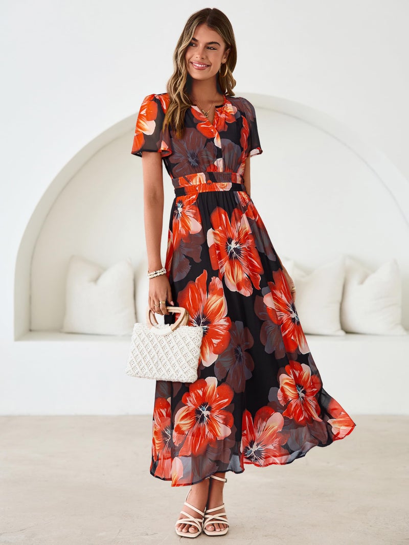 Simplee Women Floral Summer Maxi Dress Boho Flowy Casual Chiffon Short Sleeves V Neck Long Wedding Guest Dresses Peony Floral L - Image 3