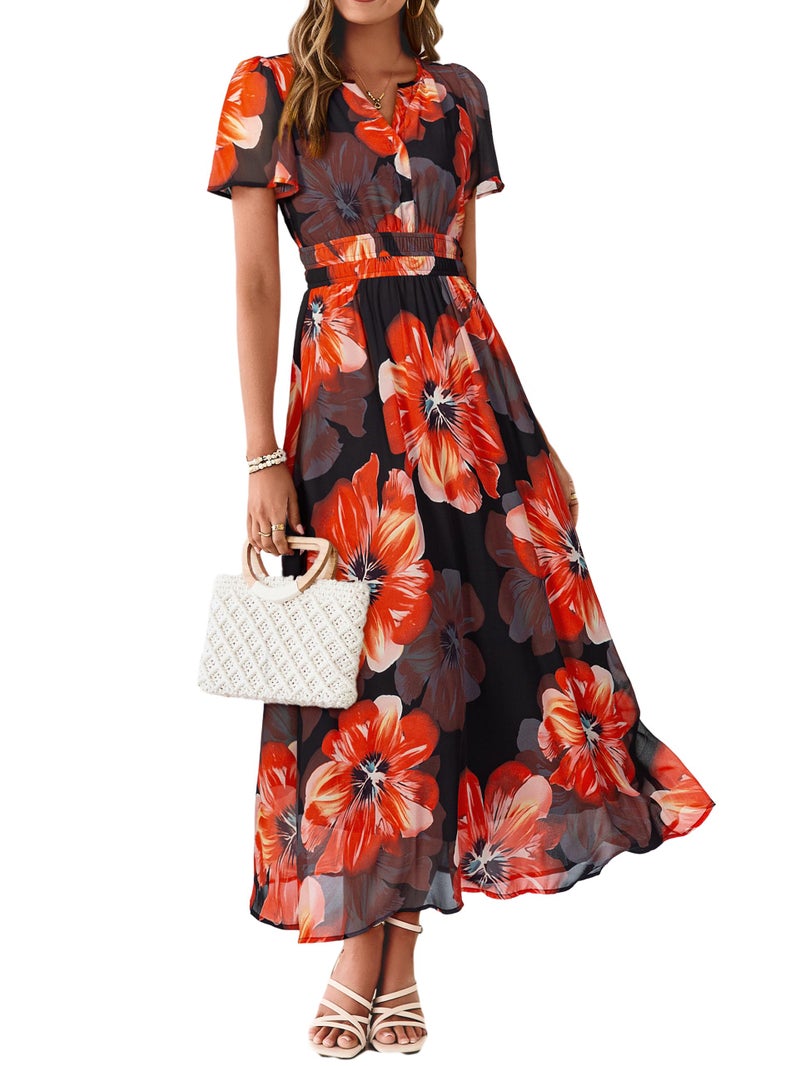 Simplee Women Floral Summer Maxi Dress Boho Flowy Casual Chiffon Short Sleeves V Neck Long Wedding Guest Dresses Peony Floral L - Image 1