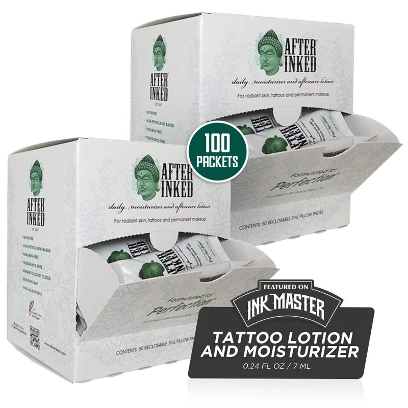 لوسيون العناية بالتاتو After Inked  بلسم مرطب كما هو موضح في INK MASTER كريم مرطب مع زيت بذور العنب تغذية البشرة صيانة يومية عبوة وسادة قابلة للإغلاق 100Pack 7ml
