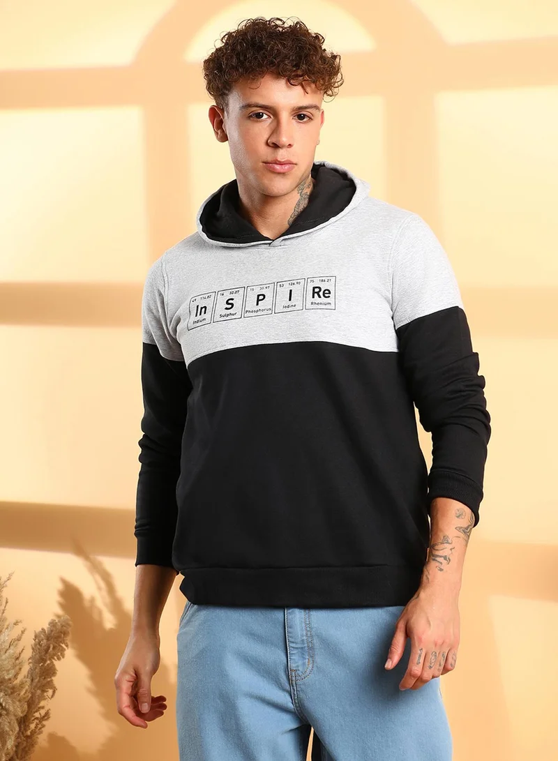 Campus Sutra Men's Black & Grey Inspire Hoodie With Kangaroo Pocket