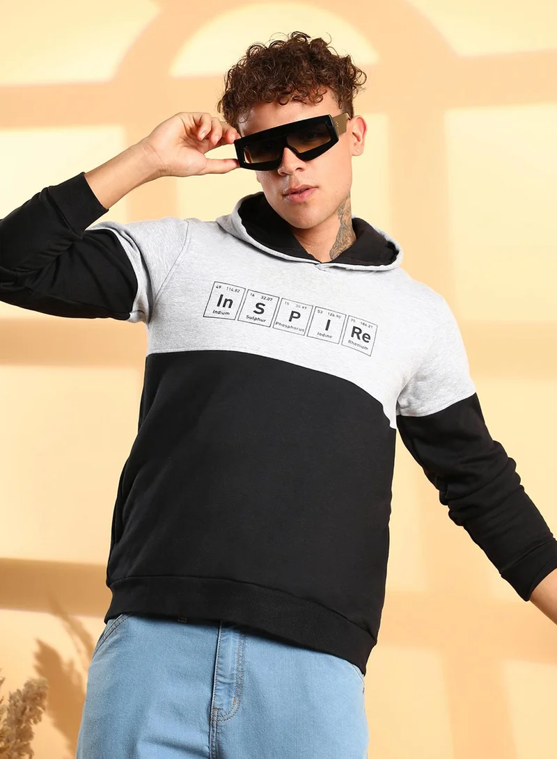 Campus Sutra Men's Black & Grey Inspire Hoodie With Kangaroo Pocket