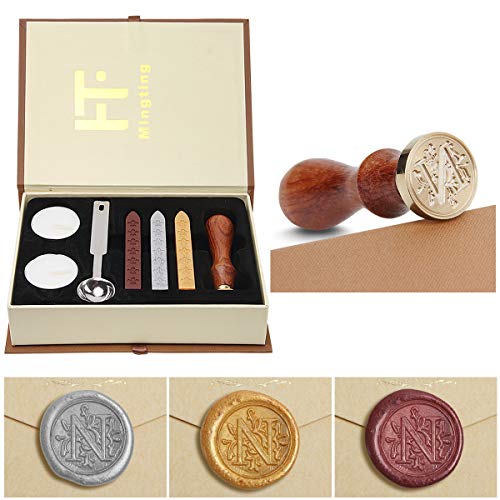 Mingting Wax Seal Stamp Kit,Mingting Classical Old-Fashioned Antique Wax Stamp Seal Kit Initial Letters Alphabet Set Gift Box with Vintage Wooden Handle and Brass Color Head(N) - Image 1
