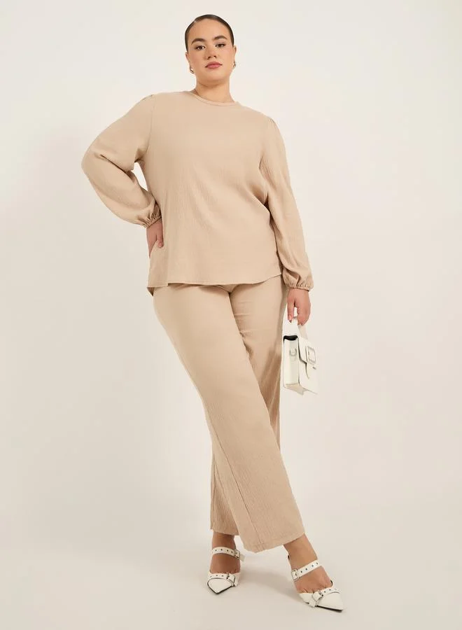 Styli Plus Size Balloon Sleeve Top with Back Bow Detail