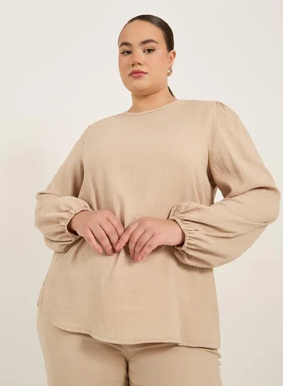 Styli Plus Size Balloon Sleeve Top with Back Bow Detail
