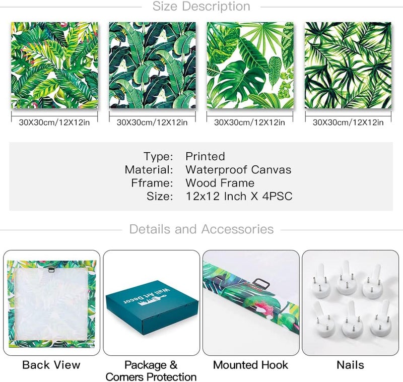 Artscope 4-Piece Canvas Pictures with Green Leaves Motif, Art Print, Modern Wall Picture for Kitchen, Bathroom, Living Room, Wall Decoration, 30 x 30 cm - Image 5