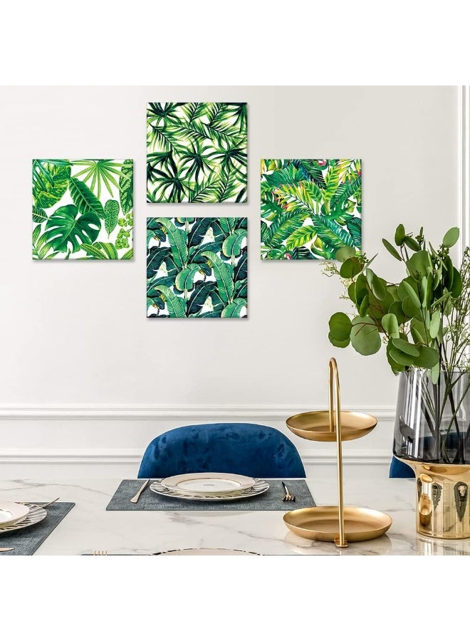 Artscope 4-Piece Canvas Pictures with Green Leaves Motif, Art Print, Modern Wall Picture for Kitchen, Bathroom, Living Room, Wall Decoration, 30 x 30 cm - Image 3