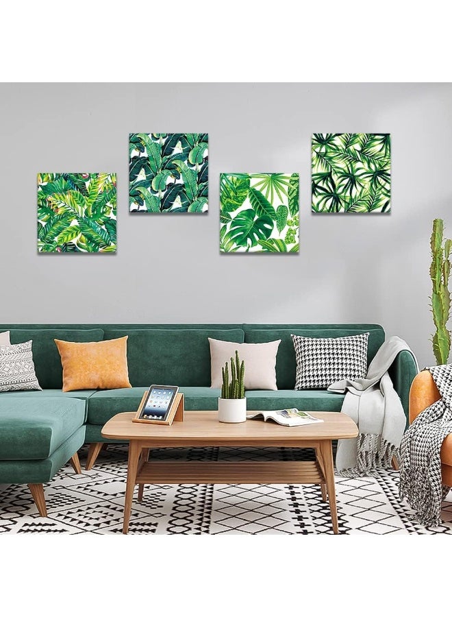 Artscope 4-Piece Canvas Pictures with Green Leaves Motif, Art Print, Modern Wall Picture for Kitchen, Bathroom, Living Room, Wall Decoration, 30 x 30 cm - Image 2