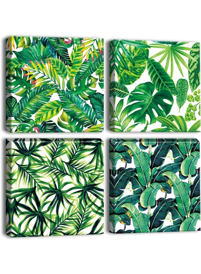 Artscope 4-Piece Canvas Pictures with Green Leaves Motif, Art Print, Modern Wall Picture for Kitchen, Bathroom, Living Room, Wall Decoration, 30 x 30 cm - Image 1