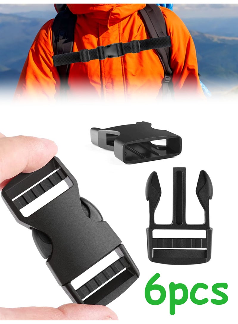 6 Pack 1 Inch Side Release Plastic Buckles, Dual Adjustable No Sew Clips, Replacement Buckle for Backpack Belt Nylon Webbing Straps - Image 1