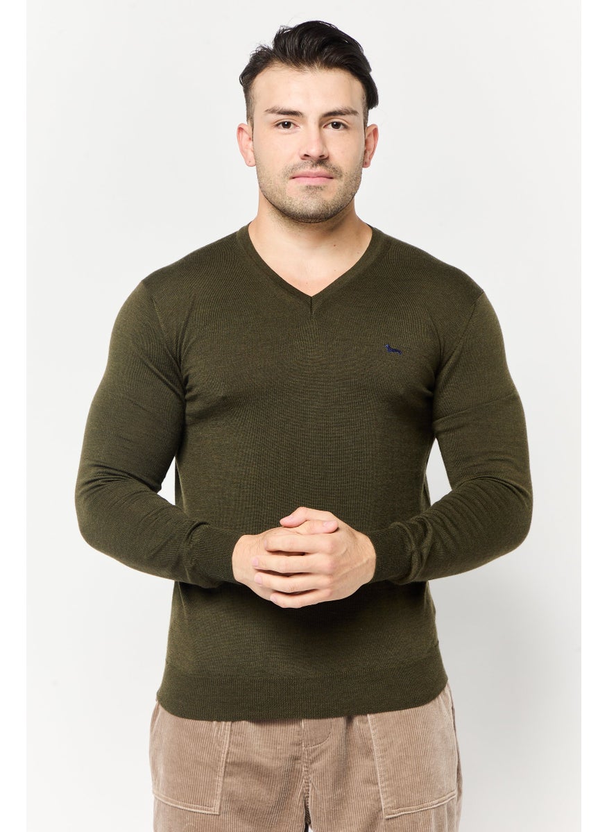 Harmont & Blaine Men V Neck Embroidered Logo Sweater, Olive  - Image 1