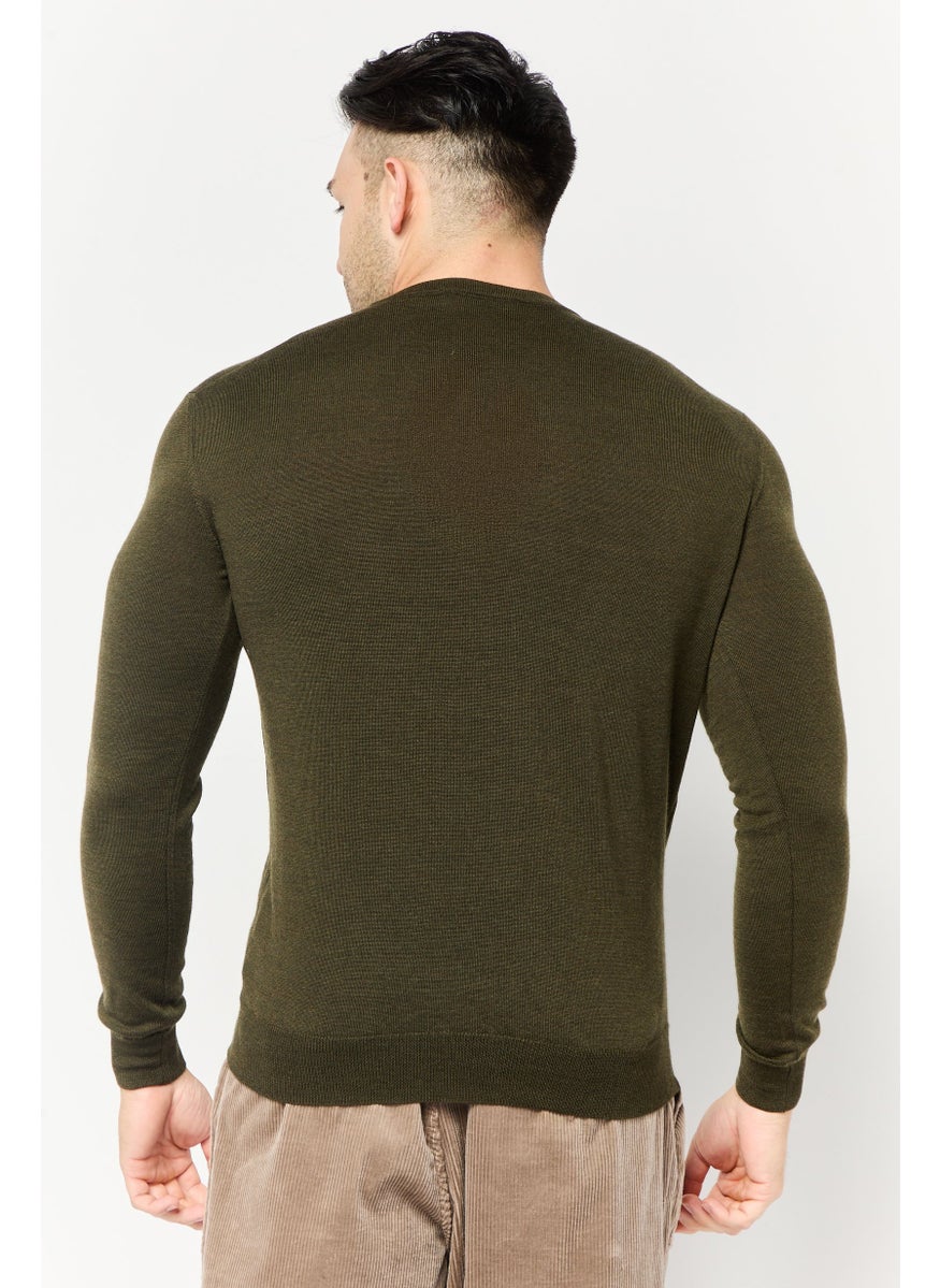 Harmont & Blaine Men V Neck Embroidered Logo Sweater, Olive  - Image 3