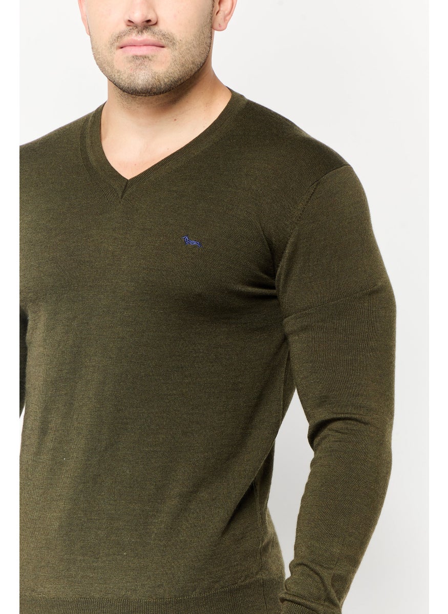 Harmont & Blaine Men V Neck Embroidered Logo Sweater, Olive  - Image 4