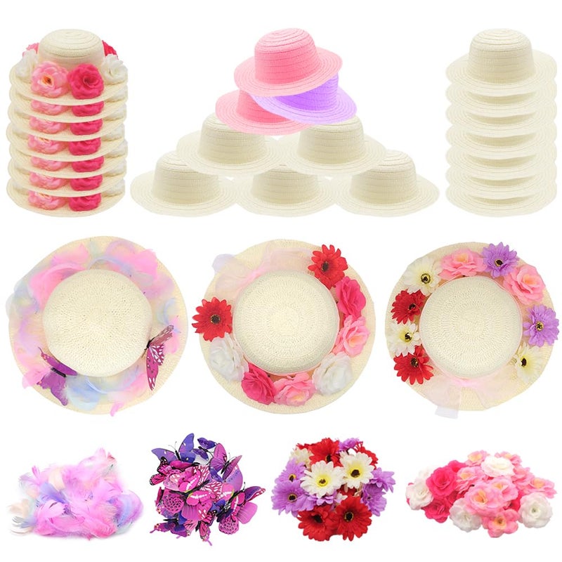 VoizVony 297 Pcs DIY Tea Party Hats for Girl Include 24 Pcs Straw Hats, Artificial Flower, Faux Butterfly and Fake Feather - Image 1