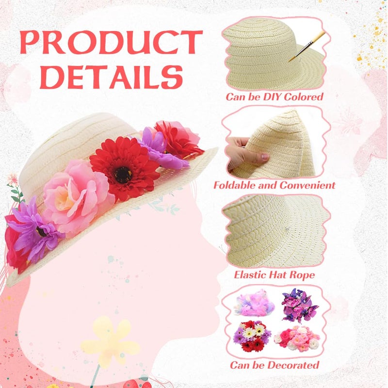 VoizVony 297 Pcs DIY Tea Party Hats for Girl Include 24 Pcs Straw Hats, Artificial Flower, Faux Butterfly and Fake Feather - Image 2