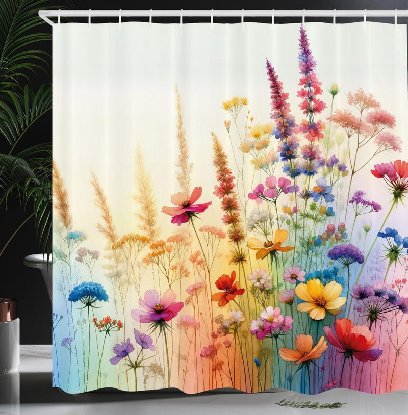 Ambesonne Floral Shower Curtain  Delicate Meadow Branches and Flowers on Soft Colors Spring Joy Concept  Cloth Fabric Bathroom Decor Set with Hooks  69"" W x 70"" L  Mustard Blue and Purple - Image 1