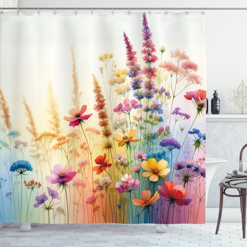 Ambesonne Floral Shower Curtain  Delicate Meadow Branches and Flowers on Soft Colors Spring Joy Concept  Cloth Fabric Bathroom Decor Set with Hooks  69"" W x 70"" L  Mustard Blue and Purple - Image 3
