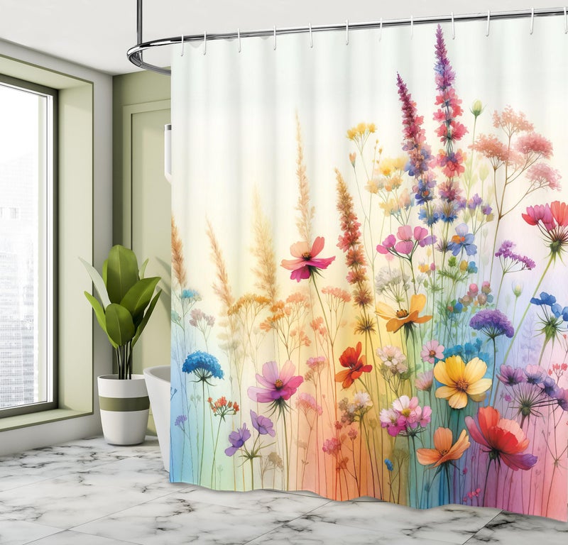 Ambesonne Floral Shower Curtain  Delicate Meadow Branches and Flowers on Soft Colors Spring Joy Concept  Cloth Fabric Bathroom Decor Set with Hooks  69"" W x 70"" L  Mustard Blue and Purple - Image 2