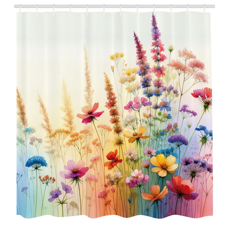 Ambesonne Floral Shower Curtain  Delicate Meadow Branches and Flowers on Soft Colors Spring Joy Concept  Cloth Fabric Bathroom Decor Set with Hooks  69"" W x 70"" L  Mustard Blue and Purple - Image 4