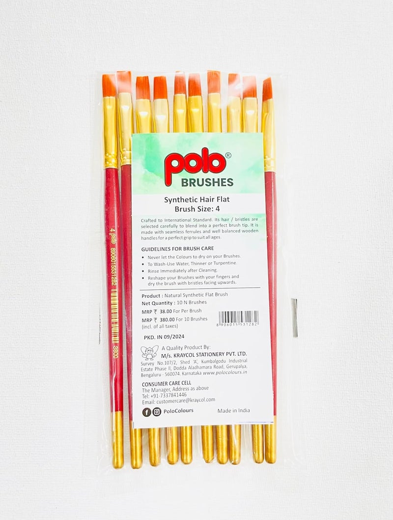 POLO Synthetic Hair Flat Brushes 4 | Pack of 10 | Premium Fine Edge Paintbrush Set for Acrylic, Wate - Image 3