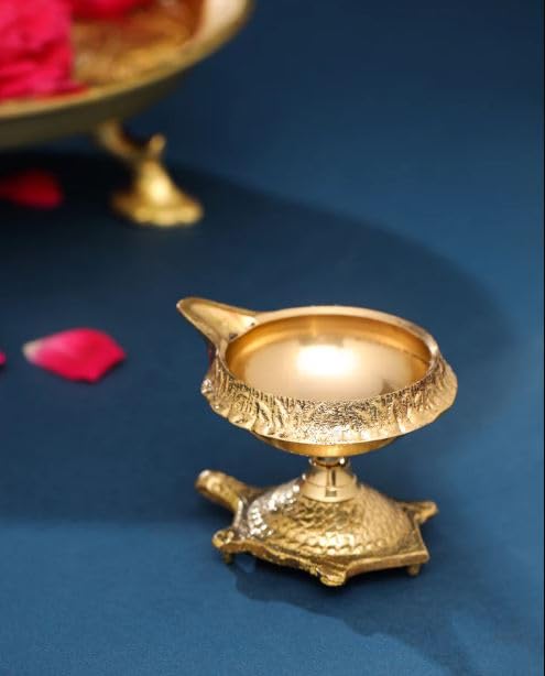 True Decor 4 Inches Traditional Kamal Diya with Stand Diwali Puja Golden Kuthu Vilakku Ornamental Pack of 2 - Image 4