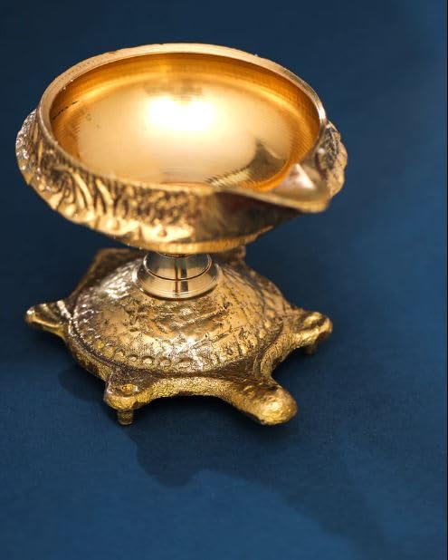 True Decor 4 Inches Traditional Kamal Diya with Stand Diwali Puja Golden Kuthu Vilakku Ornamental Pack of 2 - Image 3