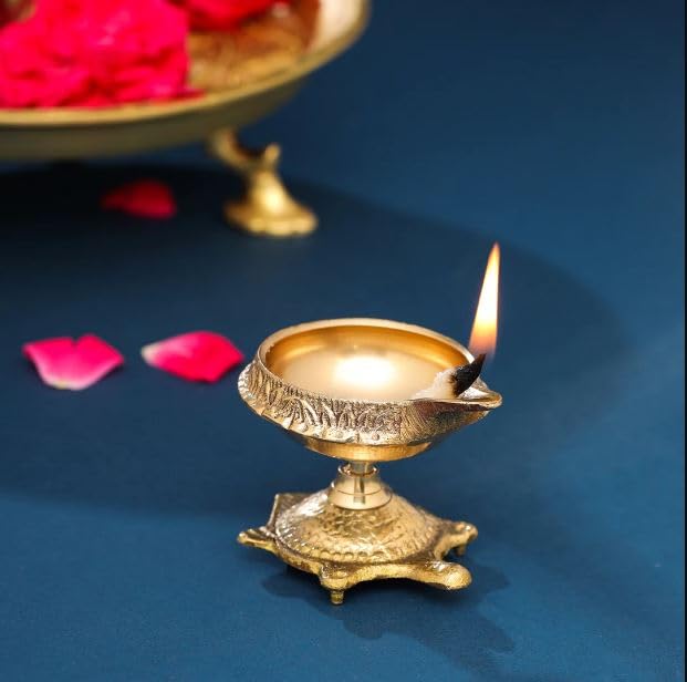 True Decor 4 Inches Traditional Kamal Diya with Stand Diwali Puja Golden Kuthu Vilakku Ornamental Pack of 2 - Image 2