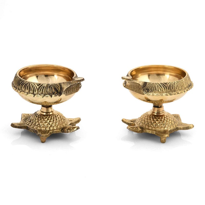 True Decor 4 Inches Traditional Kamal Diya with Stand Diwali Puja Golden Kuthu Vilakku Ornamental Pack of 2 - Image 1
