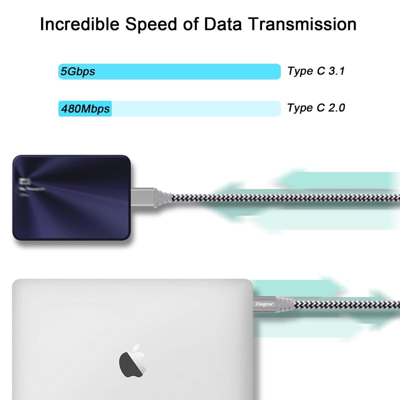 فاسجير كابل Fasgear من USB-C إلى Micro B [1 قدم]، موصل معدني منسوج من النايلون، كابل من النوع C إلى Micro 3.0، شحن سريع ومزامنة بسرعة 5 جيجابت/ثانية، متوافق مع Toshiba Canvio وGalaxy S5 Note 3 والمزيد (1 قدم، رمادي) - Image 3
