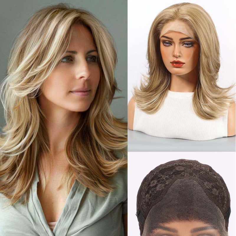 Starluck Wig for Women Lace Front Wigs Synthetic Wigs 18-Inch Shoulder Length Layered Natural Wavy Ash Blonde with Highlight - Image 1