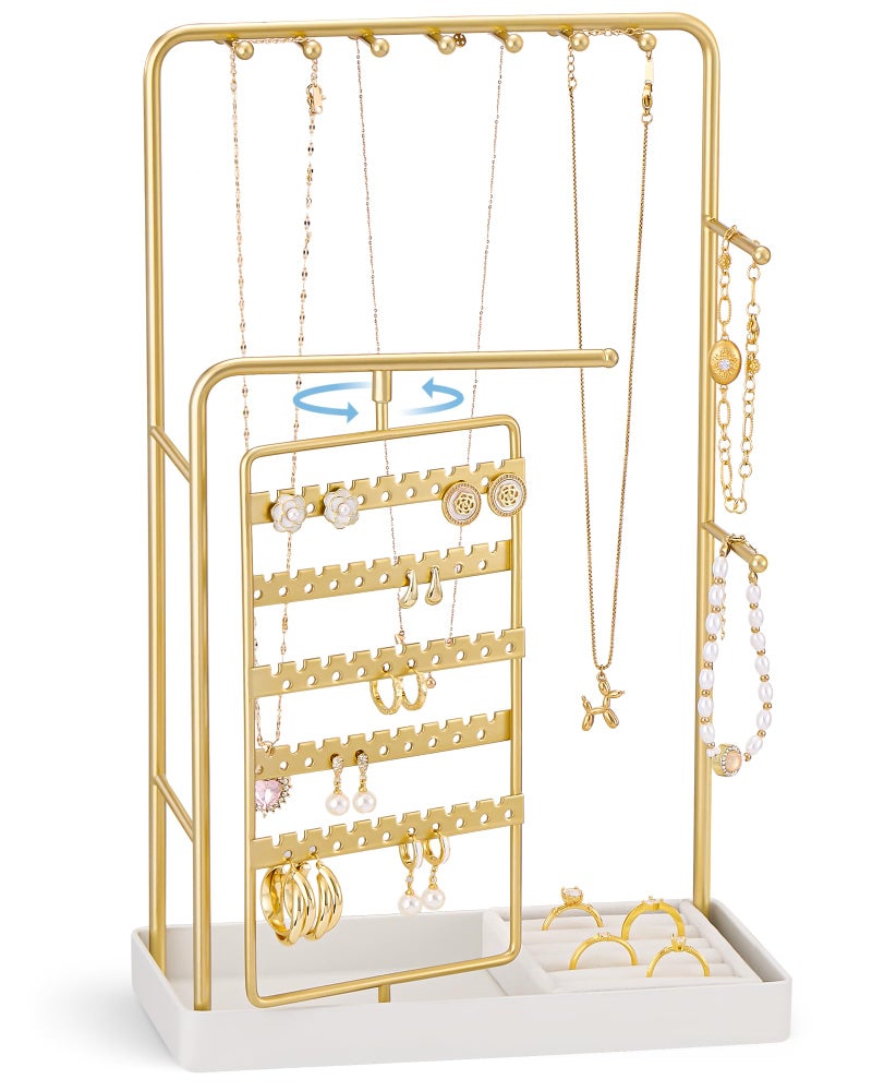ProCase Jewelry Stand Holder Organizer, Jewelry Display Storage with Ring Tray, Rotating Earring Bracelet Necklace Holder, Valentine's Gifts Room Dorm Decor for Teen Girls -Gold (No-Assembly) - Image 1