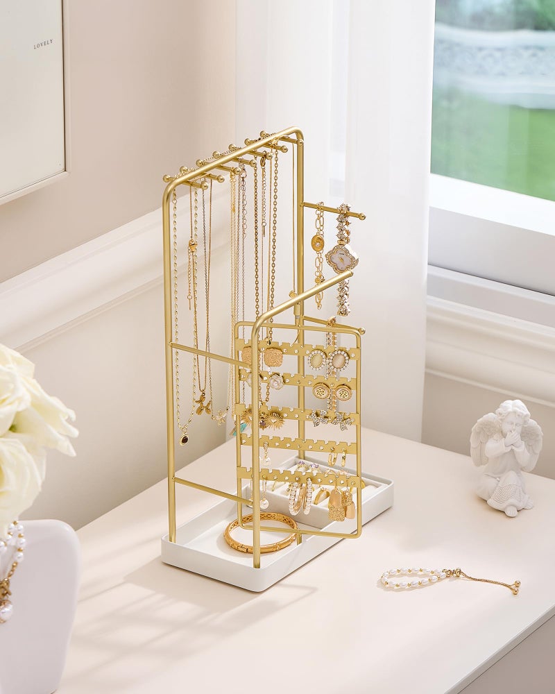 ProCase Jewelry Stand Holder Organizer, Jewelry Display Storage with Ring Tray, Rotating Earring Bracelet Necklace Holder, Valentine's Gifts Room Dorm Decor for Teen Girls -Gold (No-Assembly) - Image 5