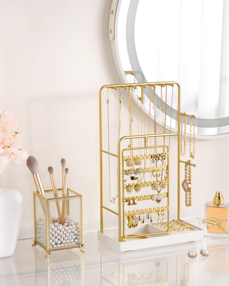 ProCase Jewelry Stand Holder Organizer, Jewelry Display Storage with Ring Tray, Rotating Earring Bracelet Necklace Holder, Valentine's Gifts Room Dorm Decor for Teen Girls -Gold (No-Assembly) - Image 2
