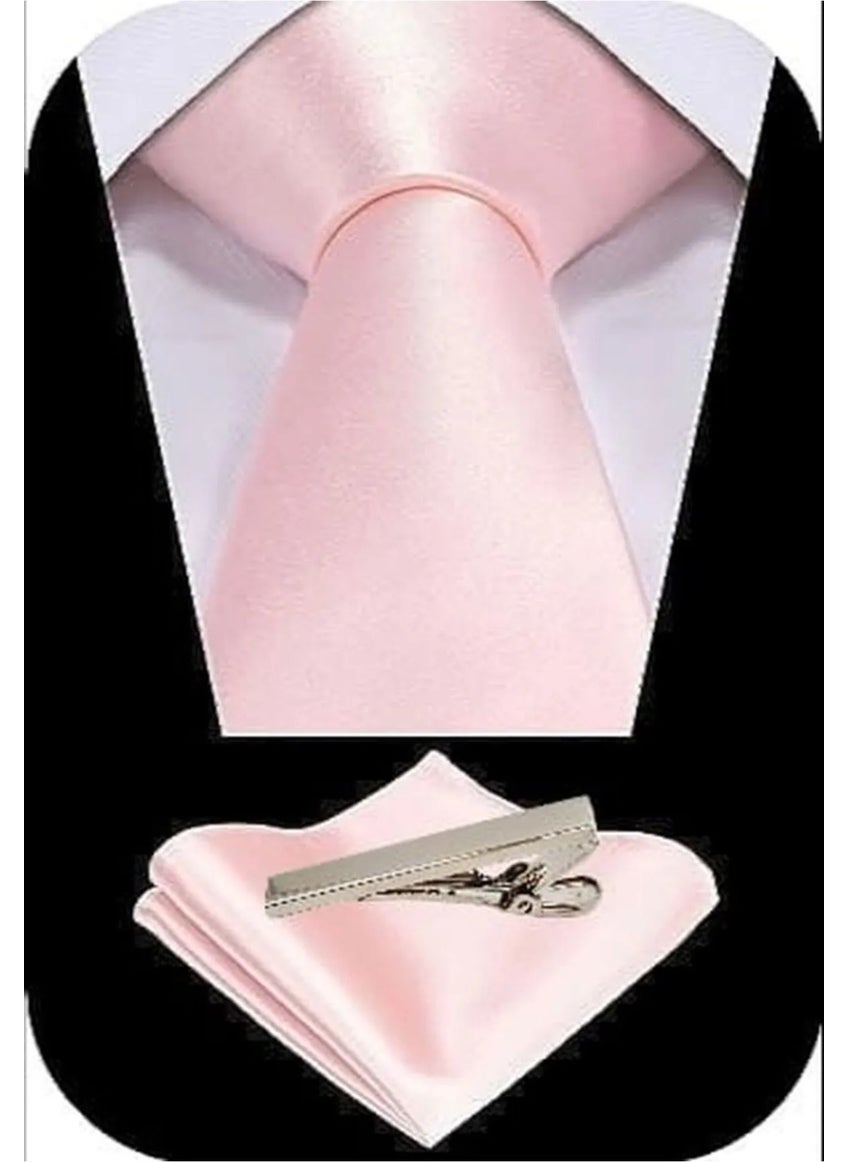 Tezzgelsin Men's Satin Tie Handkerchief and Silver Steel Tie Clip Set  - Image 2