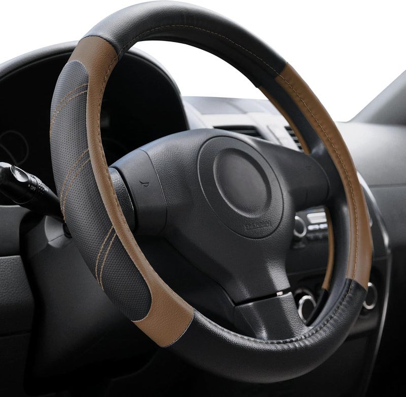 Elantrip Leather Steering Wheel Cover 14 1/2 to 15 inch Universal Padded Soft Grip Breathable for Car Truck SUV Jeep Anti Slip Brown - Image 1