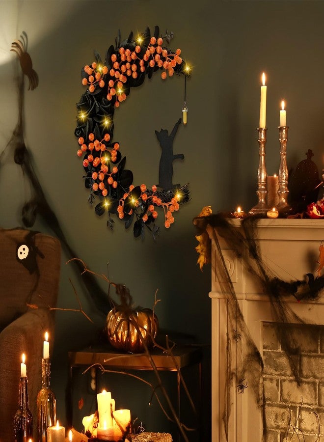 Tirdkid Spooky Halloween Wreath - 2025 New Black Cat Moon Door Decoration with Lights for Indoor Outdoor Party Wall, Unique Crescent Moon Wreath Design, Perfect - Image 4