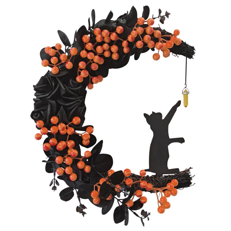 Tirdkid Spooky Halloween Wreath - 2025 New Black Cat Moon Door Decoration with Lights for Indoor Outdoor Party Wall, Unique Crescent Moon Wreath Design, Perfect - Image 1