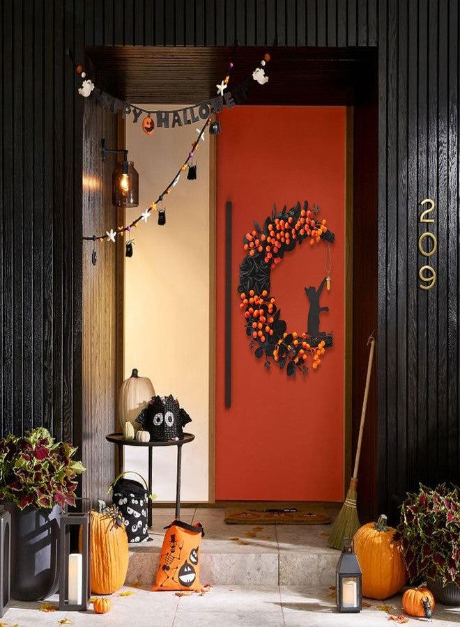 Tirdkid Spooky Halloween Wreath - 2025 New Black Cat Moon Door Decoration with Lights for Indoor Outdoor Party Wall, Unique Crescent Moon Wreath Design, Perfect - Image 5
