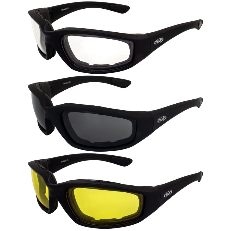 Global Vision 3 Pairs of Kickback Black Foam Padded Motorcycle Riding Sunglasses 1 Clear Lens 1 Smoke Lens and 1 Yellow Lens - Image 1