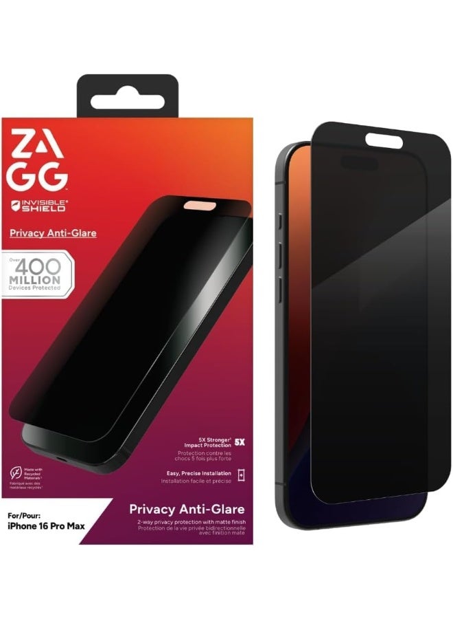 ZAGG InvisibleShield Glass Elite Privacy Anti-Glare Screen Protector for iPhone 16 Pro Max Black - Image 1