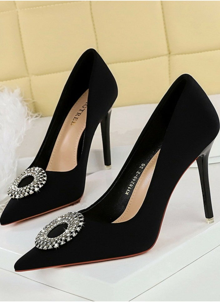 BIGTREE Women's Closed Pointed Toe Stiletto Pump Rhinestone Round Buckle Decoration High Heels Black 10.5CM 